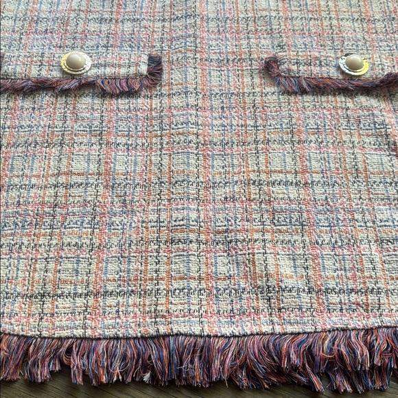 Zara |White Multicolor Pastel Tweed Fringe Frayed Hem Pearl Button Shift Dress S - Picture 8 of 15
